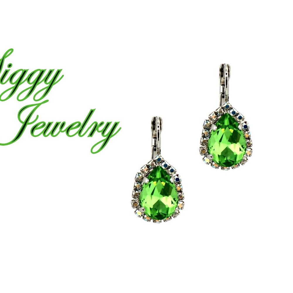Peridot Pear Teardrop Earrings with Crystal AB Halo and Rhodium Finish